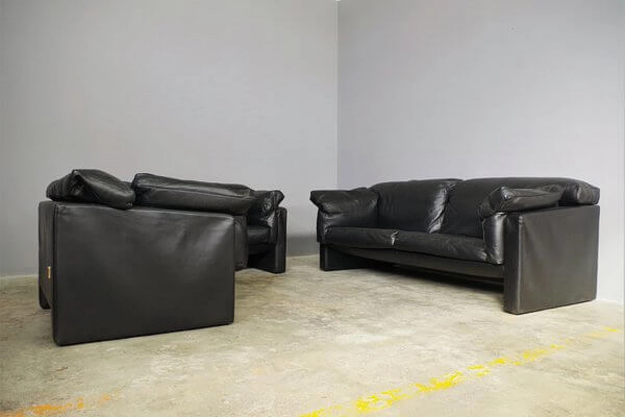 Coppia di poltrone e divano in pelle nera di Moroso, anni '80 40
