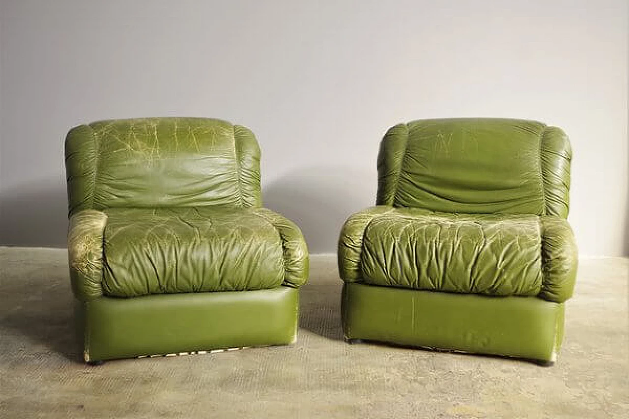 Pair of green eco-leather armchairs, 1970s 1