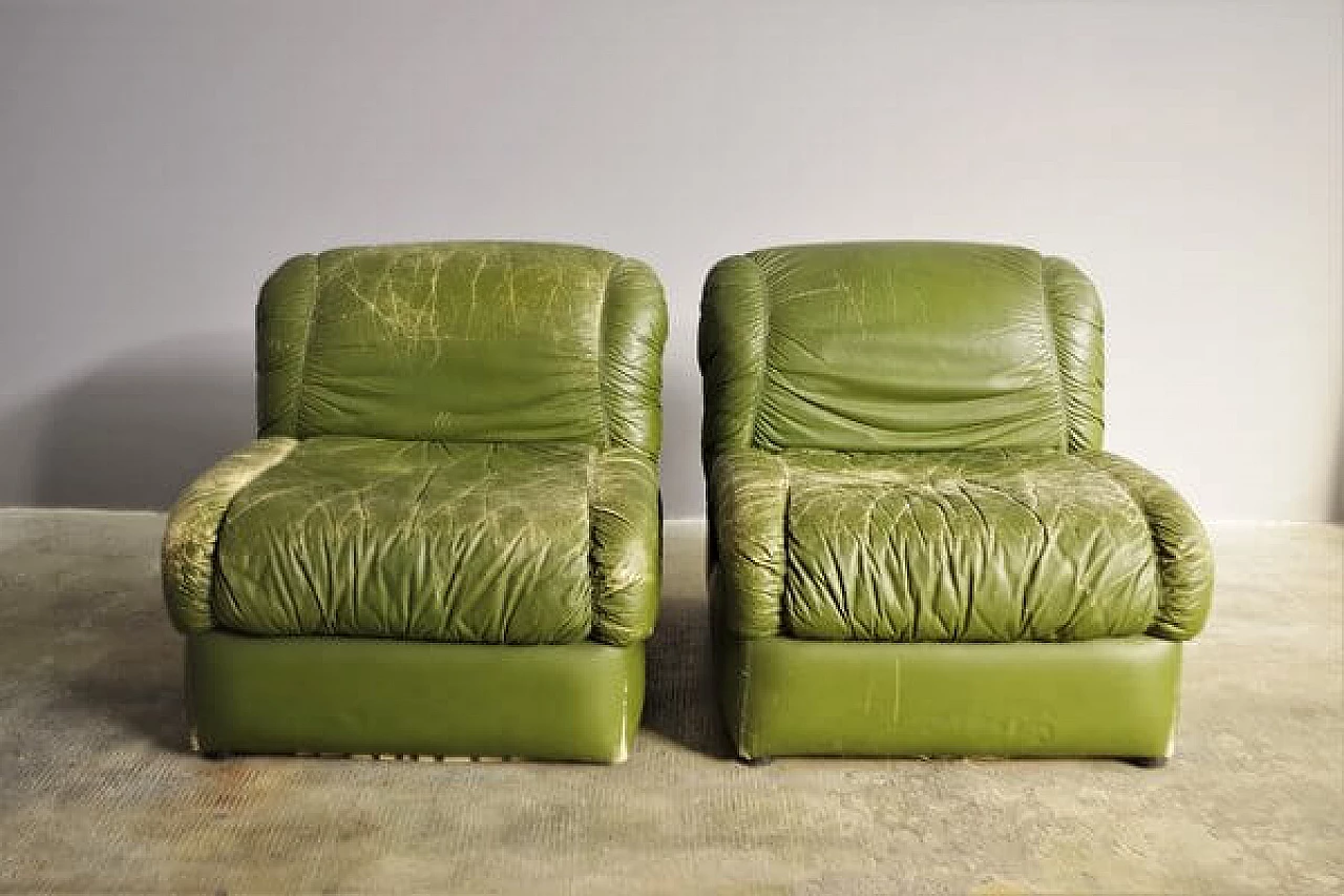 Pair of green eco-leather armchairs, 1970s 2