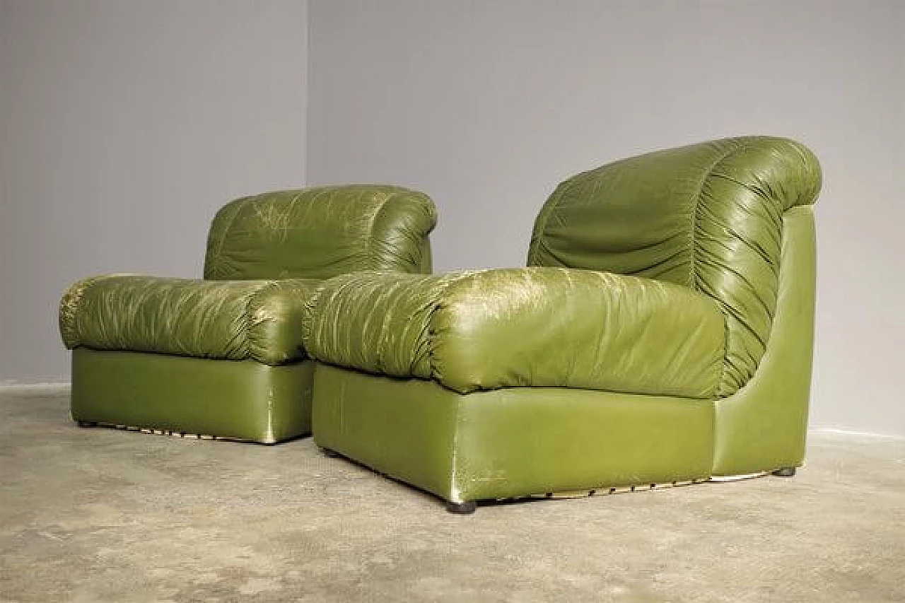 Pair of green eco-leather armchairs, 1970s 3