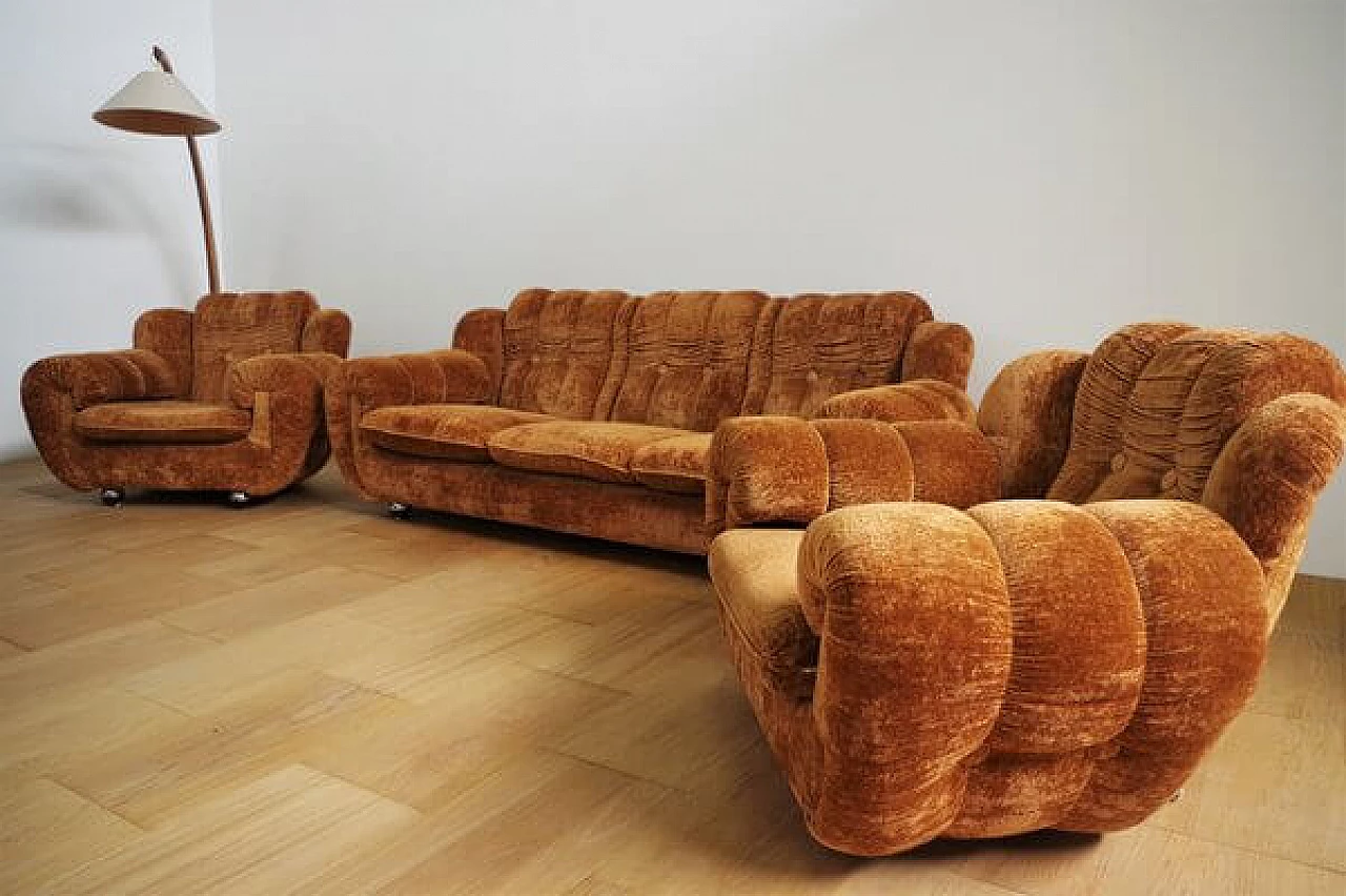 Pair of velvet armchairs and sofa, 1970s 5