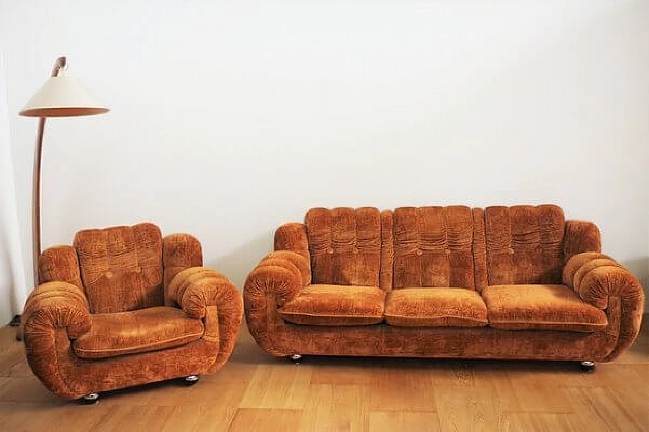 Pair of velvet armchairs and sofa, 1970s 6