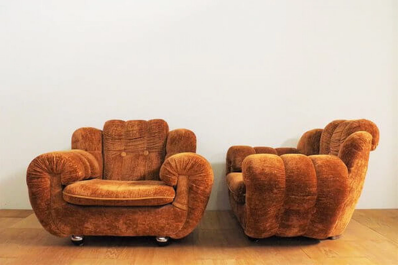Coppia di poltrone e divano in velluto, anni '70 12