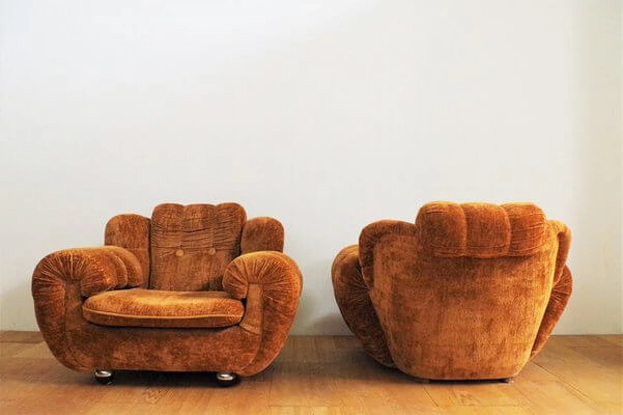 Coppia di poltrone e divano in velluto, anni '70 13