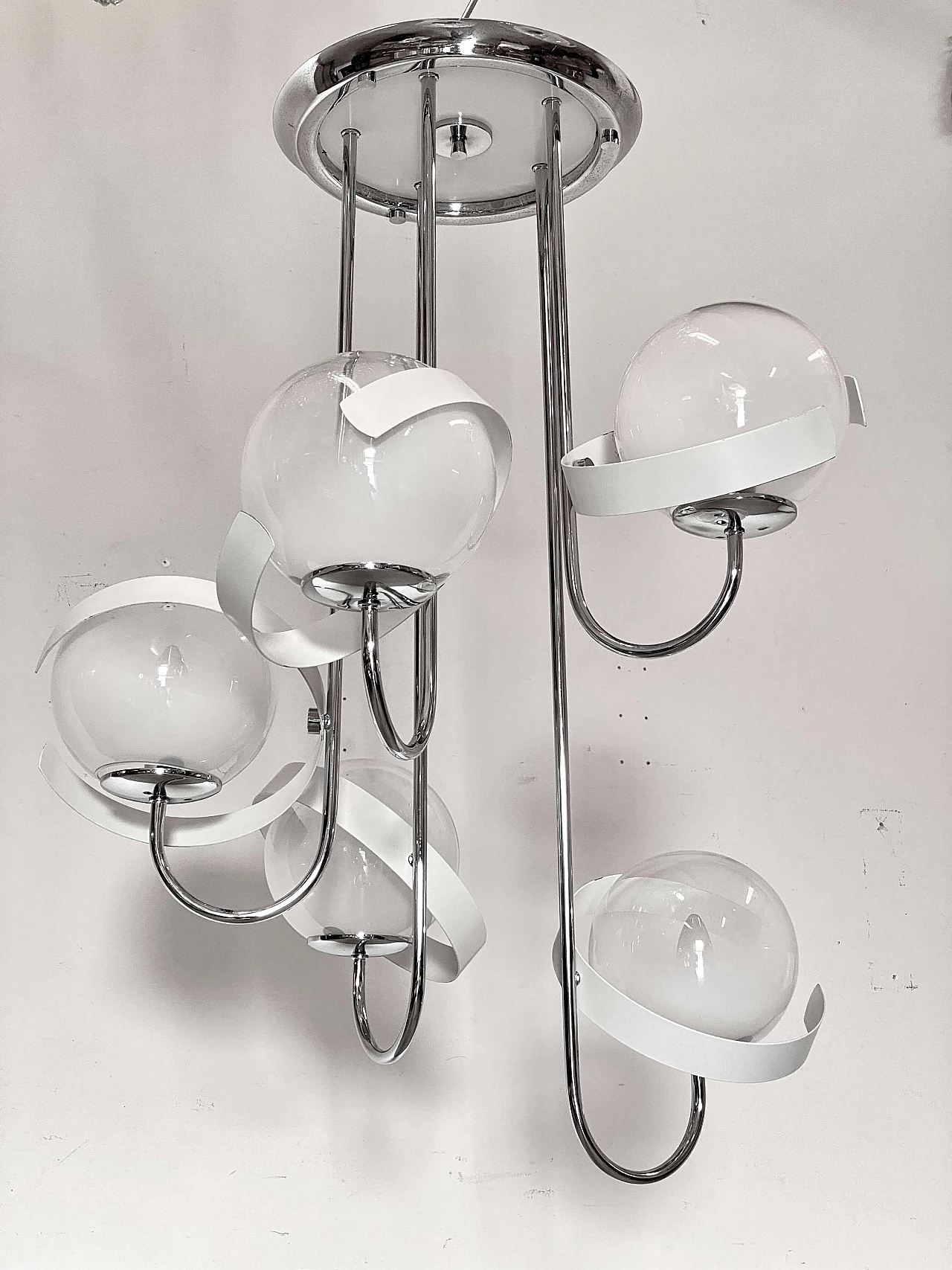 Chromed steel and glass chandelier, 1970s 2