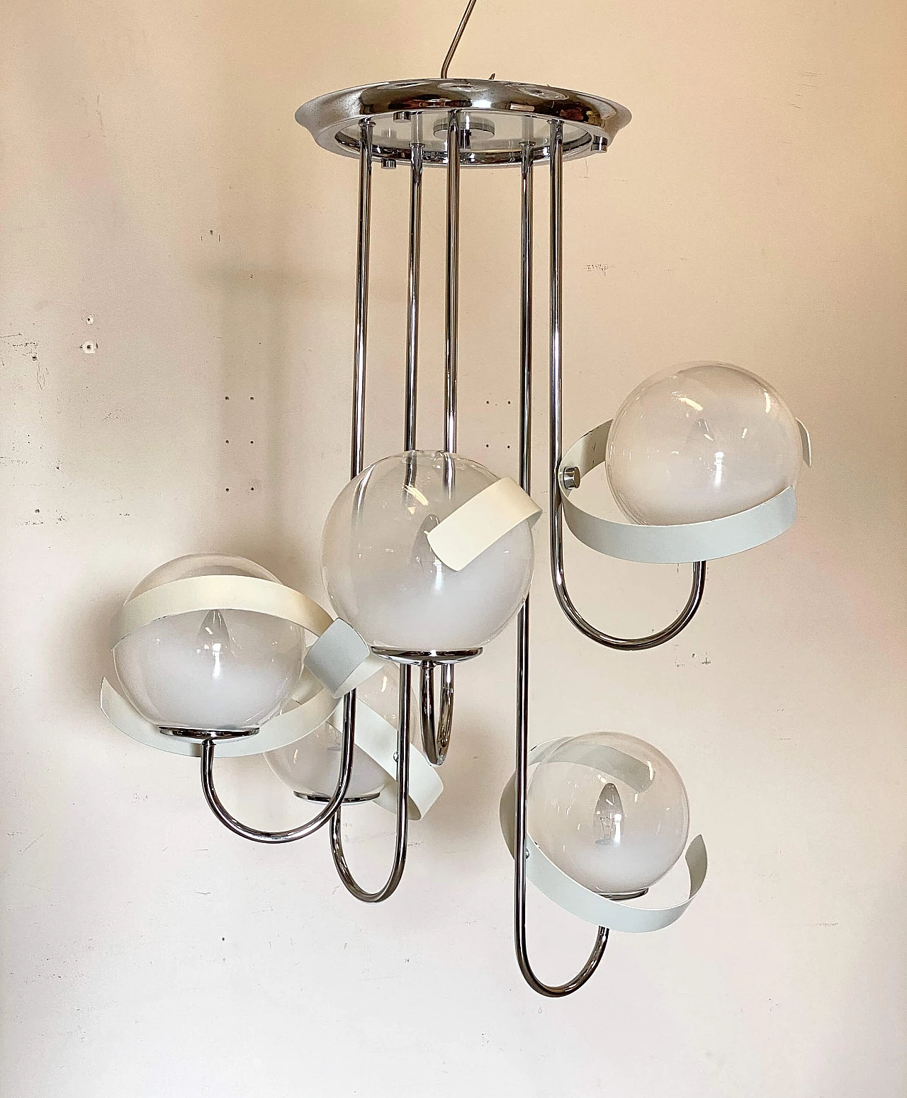 Chromed steel and glass chandelier, 1970s 7