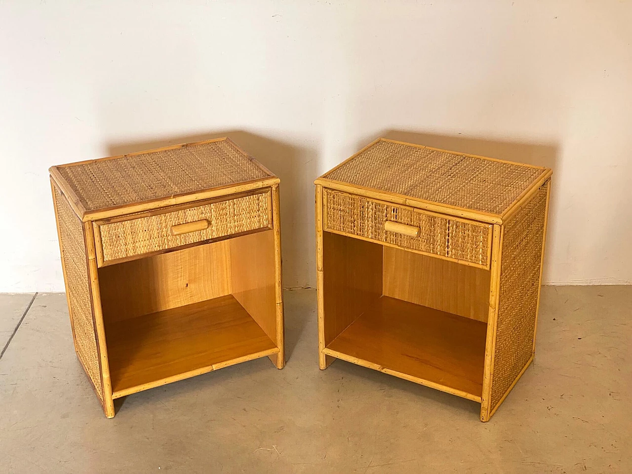 Pair of bedside tables in wicker and bamboo, 1970s 1