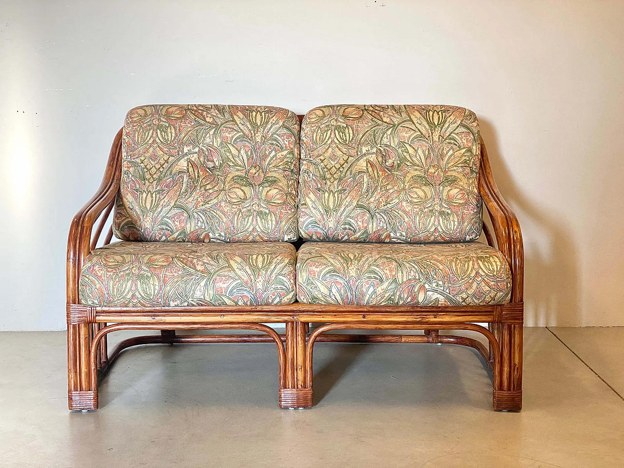 Bamboo and leather sofa with cushions, 1970s 1