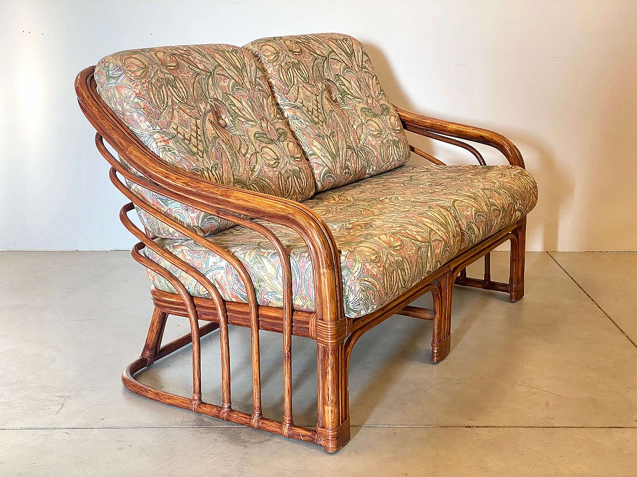 Bamboo and leather sofa with cushions, 1970s 2