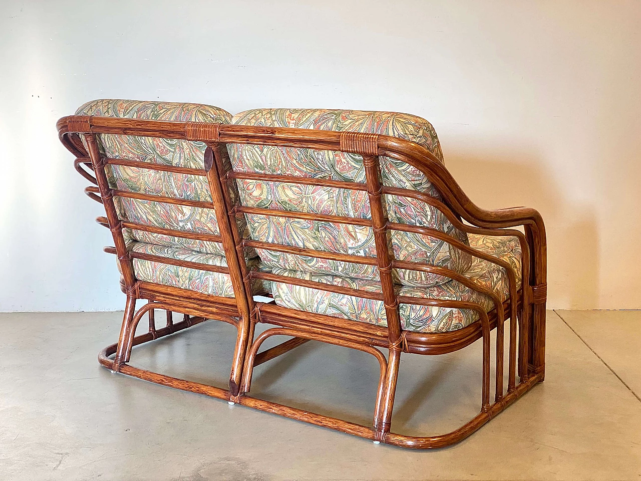 Bamboo and leather sofa with cushions, 1970s 3