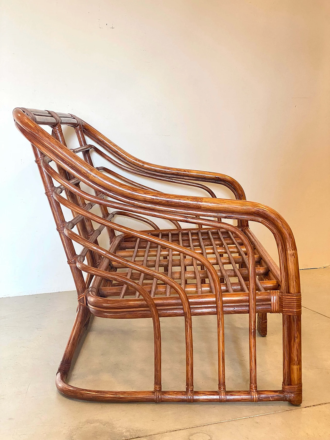 Bamboo and leather sofa with cushions, 1970s 5