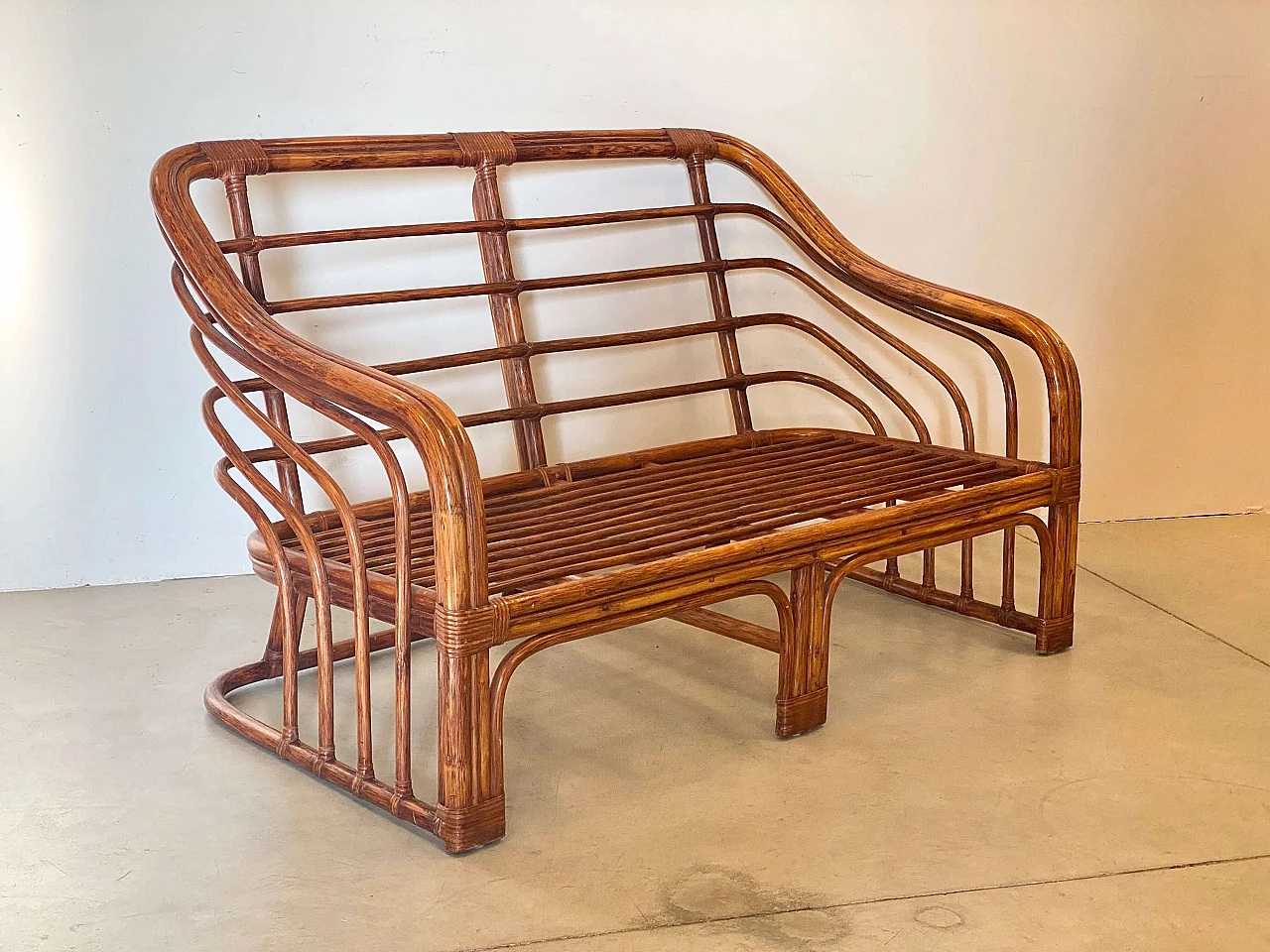 Bamboo and leather sofa with cushions, 1970s 6