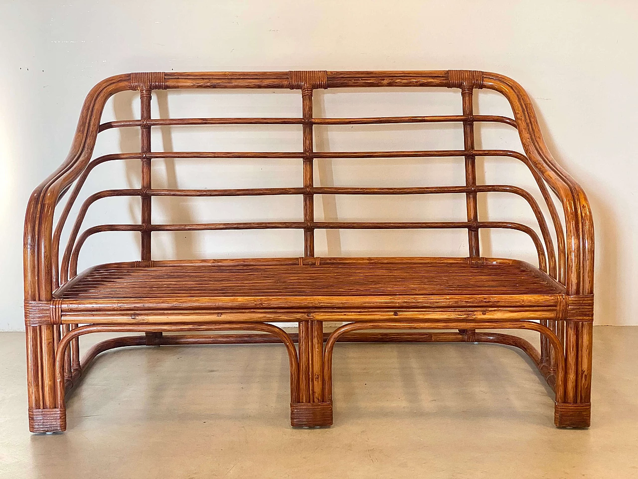 Bamboo and leather sofa with cushions, 1970s 10