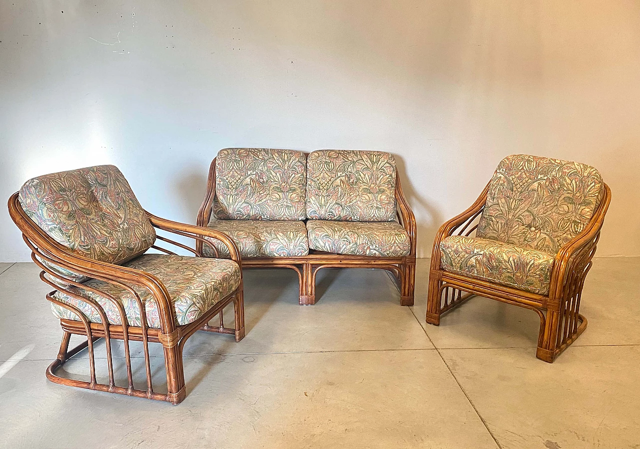 Bamboo and leather sofa with cushions, 1970s 11