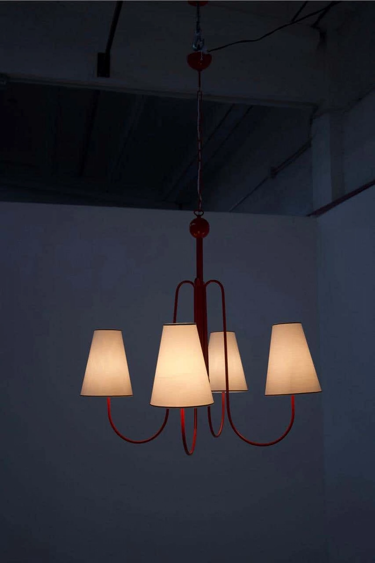 Red painted steel chandelier with cotton diffusers, 1960s 2