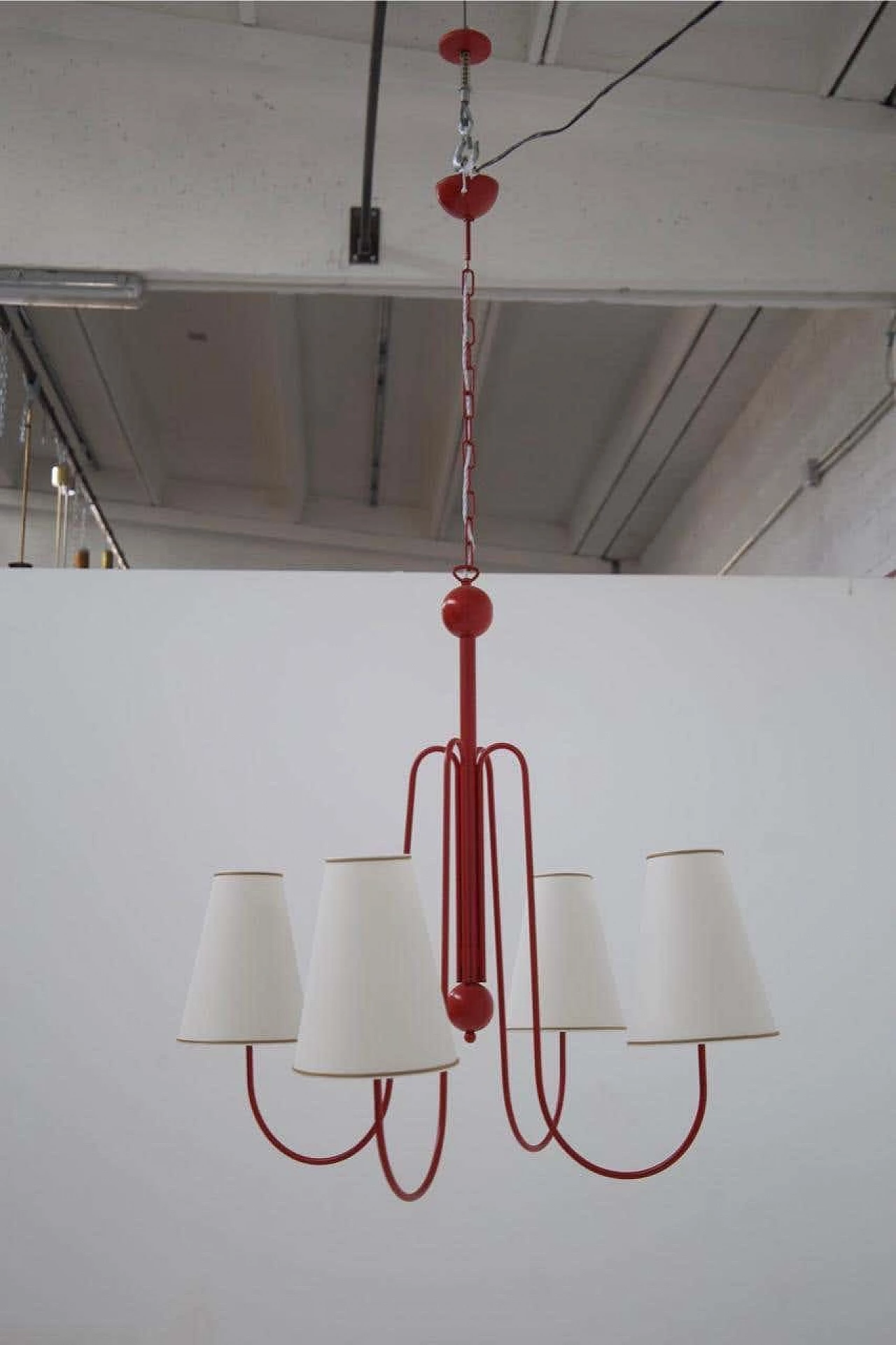 Red painted steel chandelier with cotton diffusers, 1960s 3