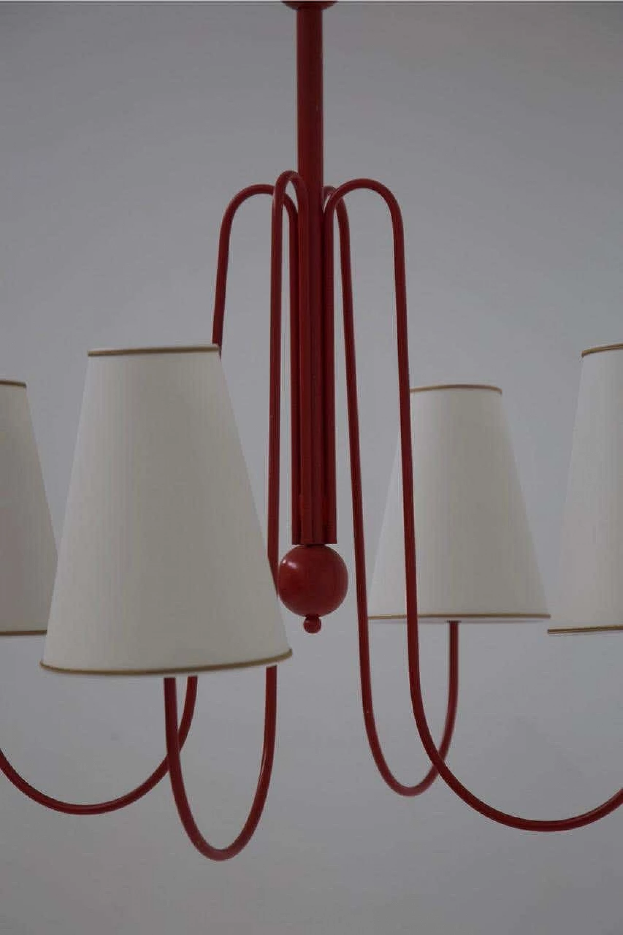 Red painted steel chandelier with cotton diffusers, 1960s 4
