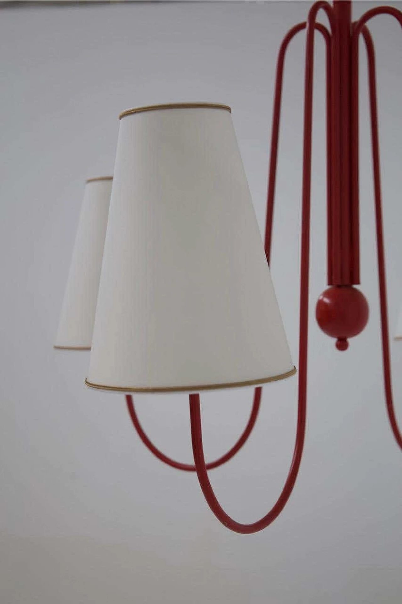 Red painted steel chandelier with cotton diffusers, 1960s 6