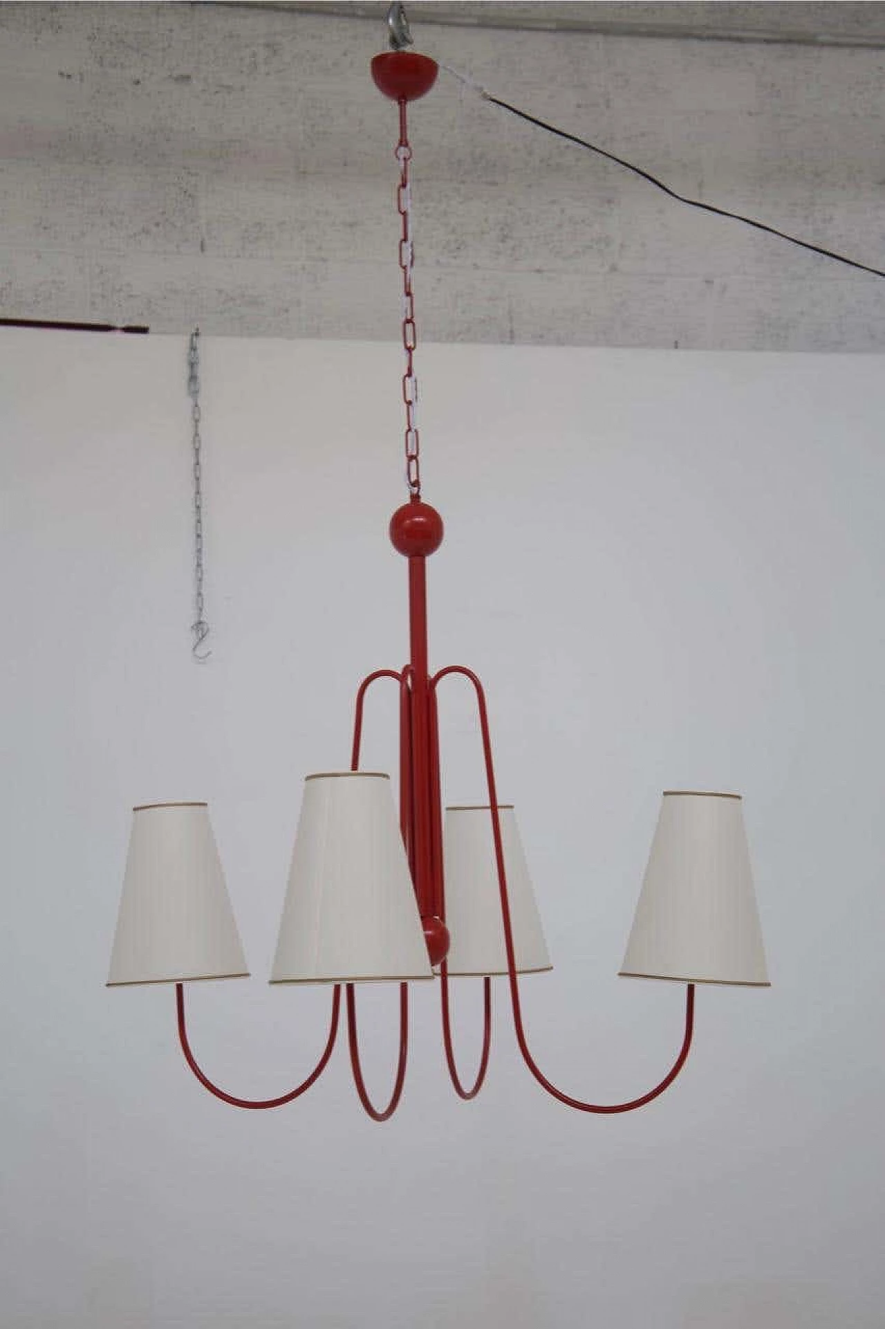 Red painted steel chandelier with cotton diffusers, 1960s 8