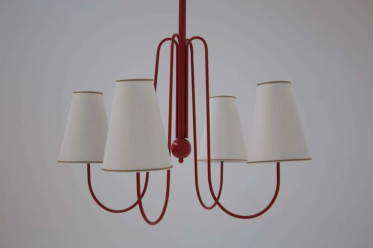 Red painted steel chandelier with cotton diffusers, 1960s 15