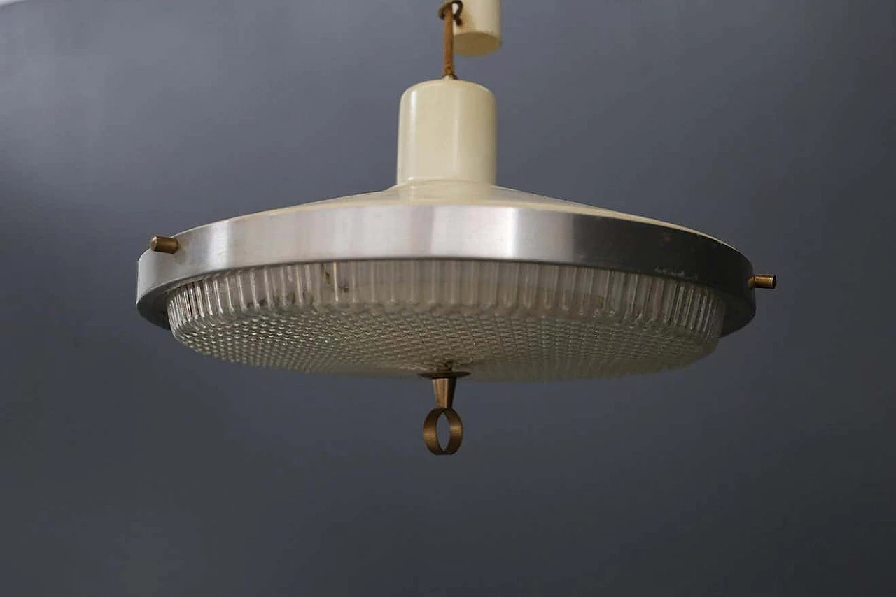 Metal and glass chandelier with counterweight mechanism, 1950s 3