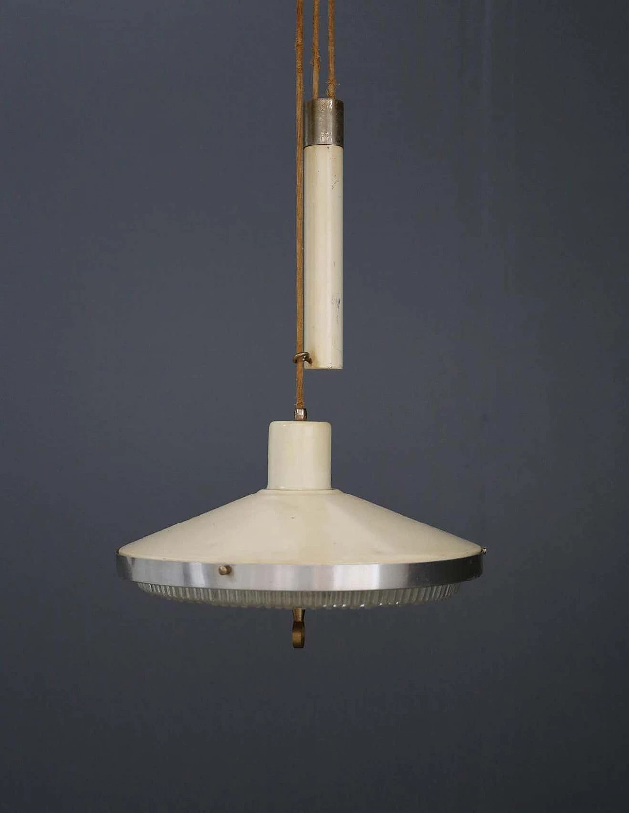 Metal and glass chandelier with counterweight mechanism, 1950s 4