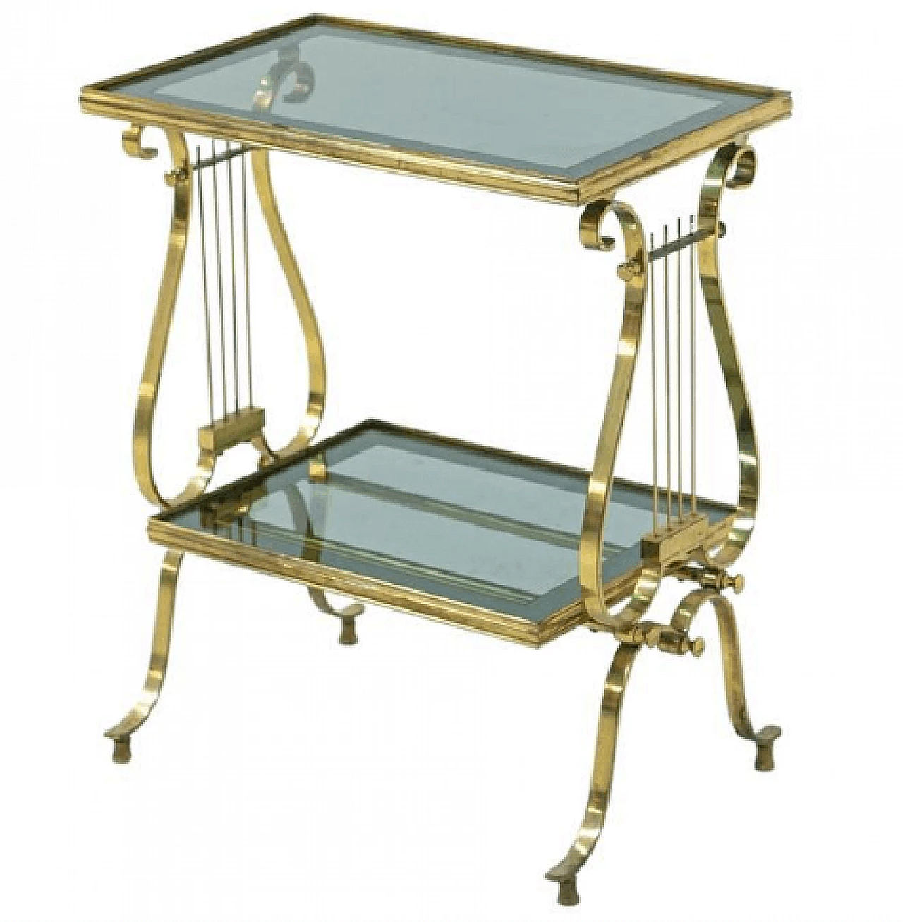 Side table with double shelf in brass and smoked glass, 1950s 1