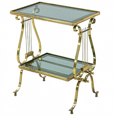 Side table with double shelf in brass and smoked glass, 1950s