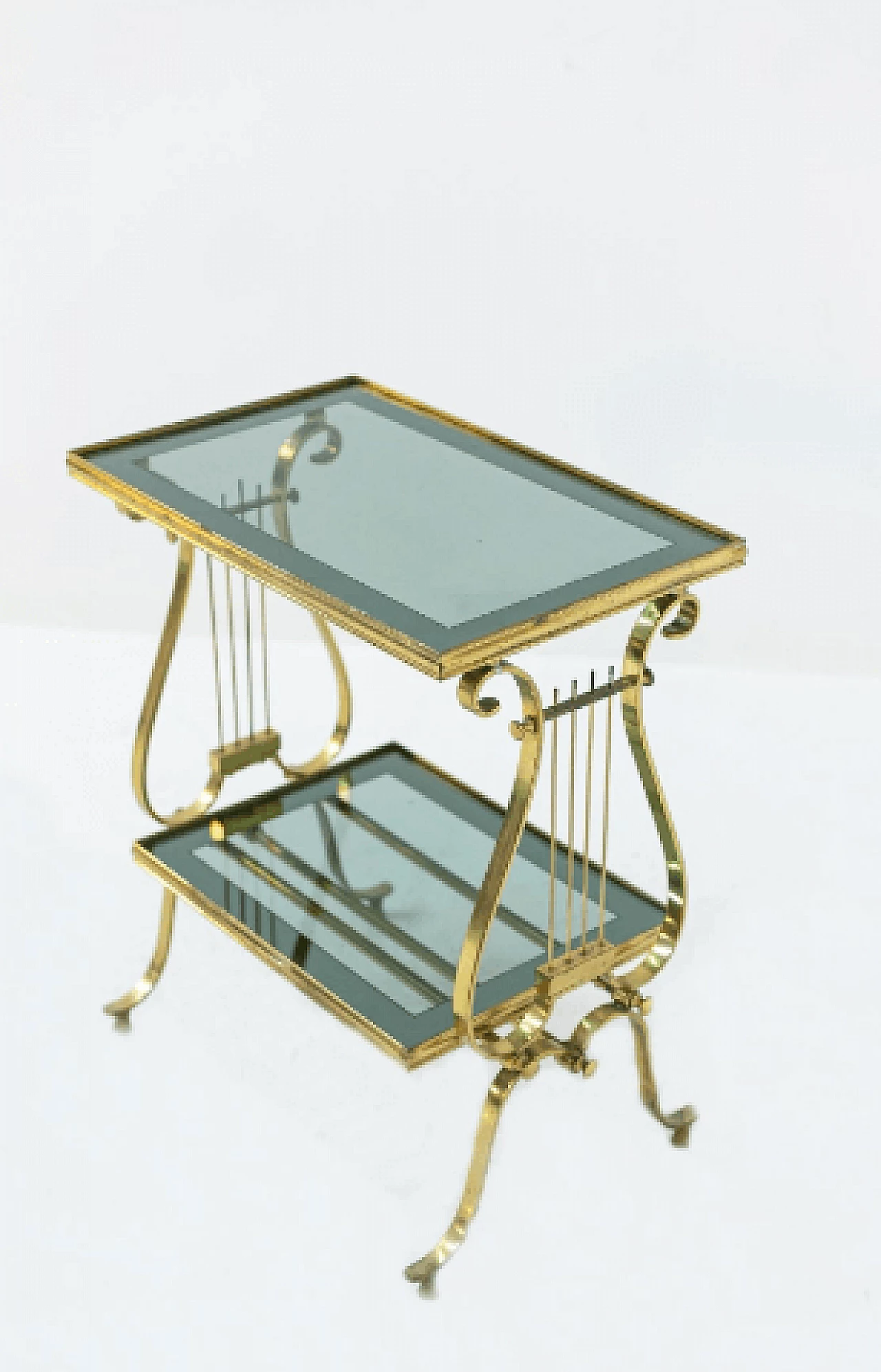 Side table with double shelf in brass and smoked glass, 1950s 5