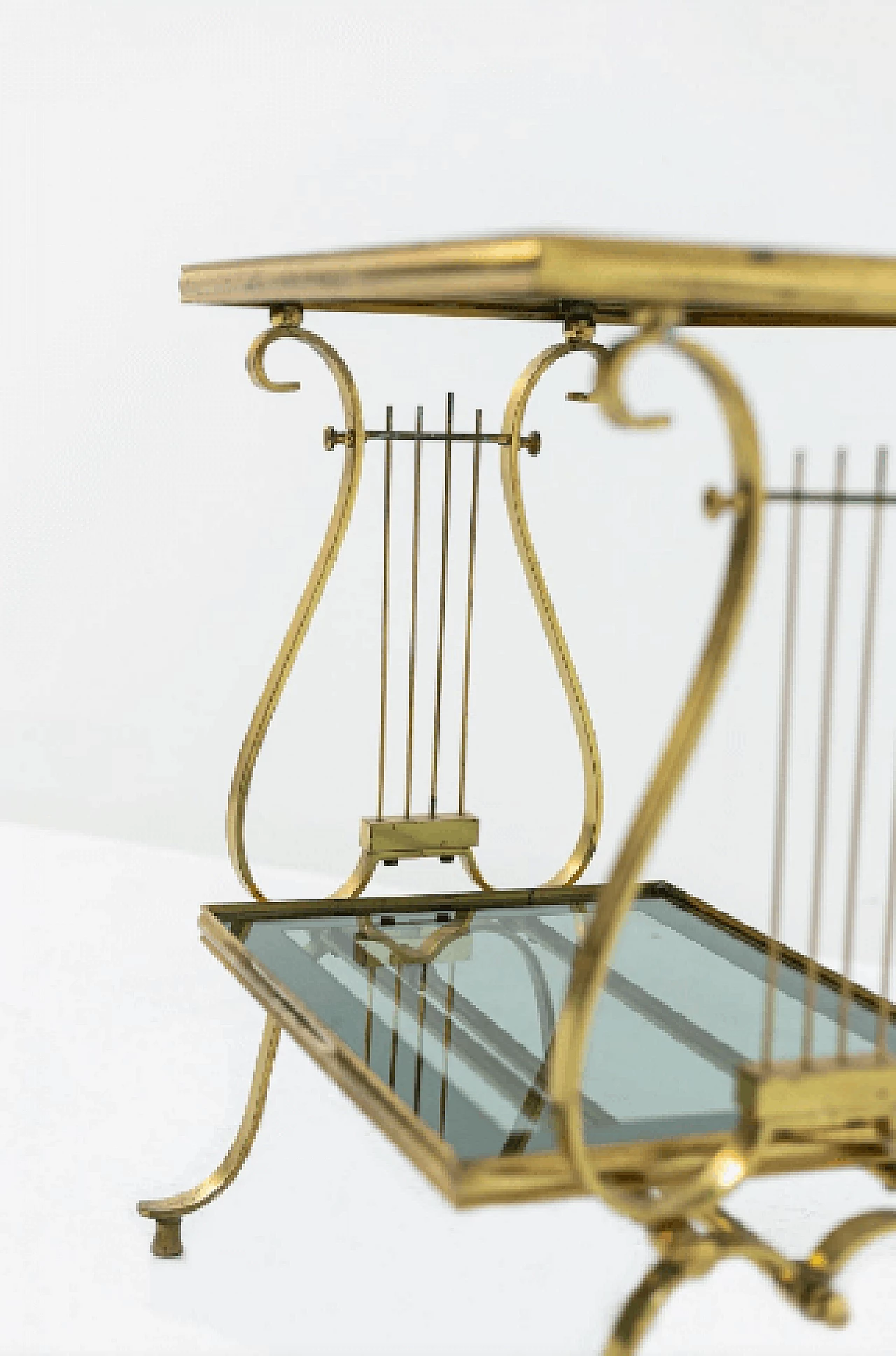 Side table with double shelf in brass and smoked glass, 1950s 6