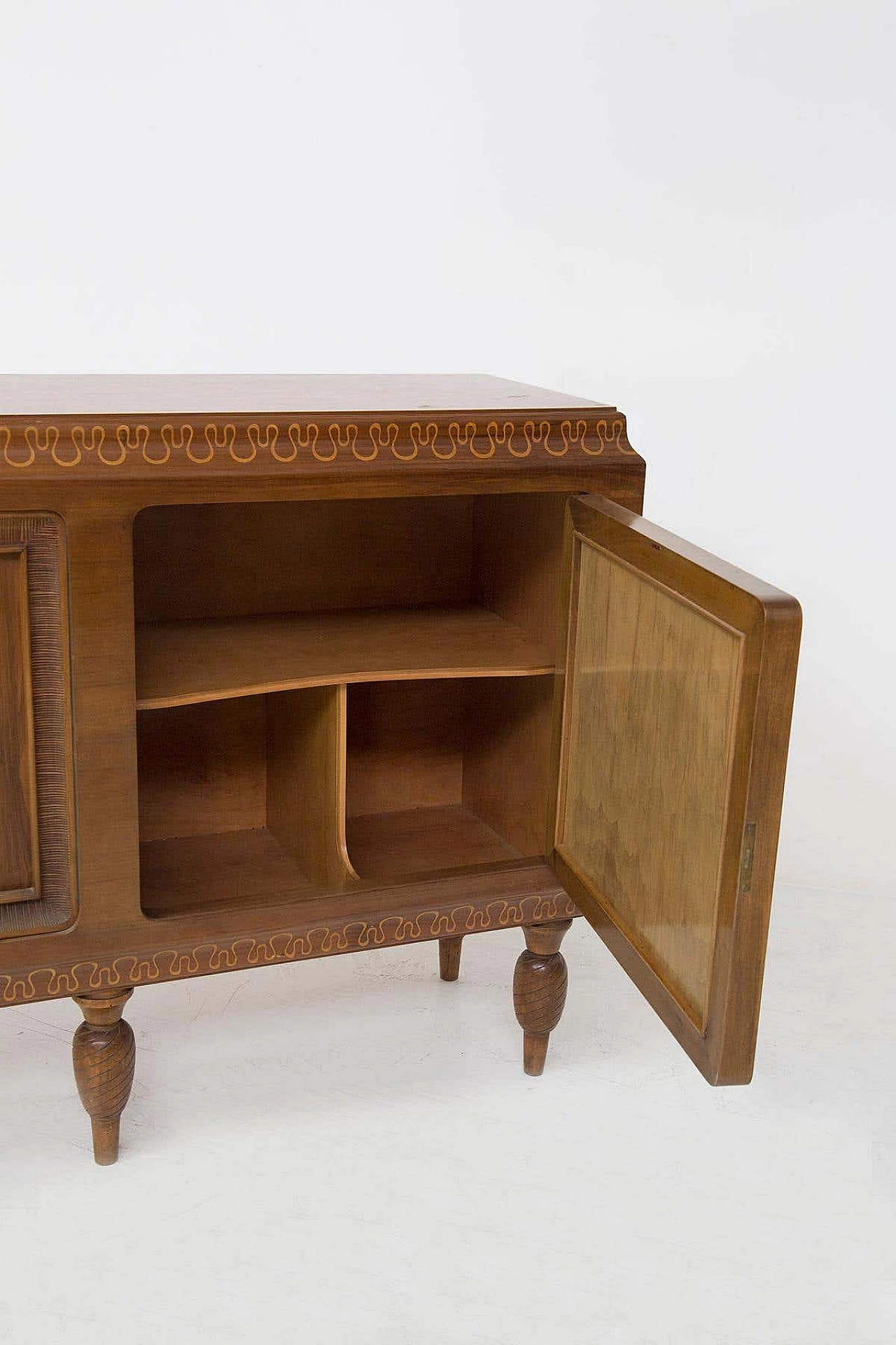 Solid walnut sideboard carved and decorated for Valzania, 1950s 1