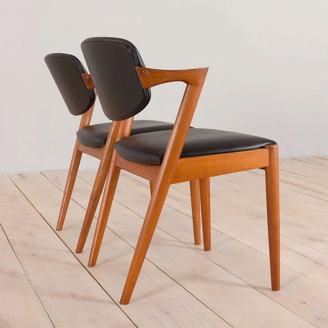 Pair of 42 teak and black leather chairs by Kai Kristiansen for Schou Andersen, 1960s 8