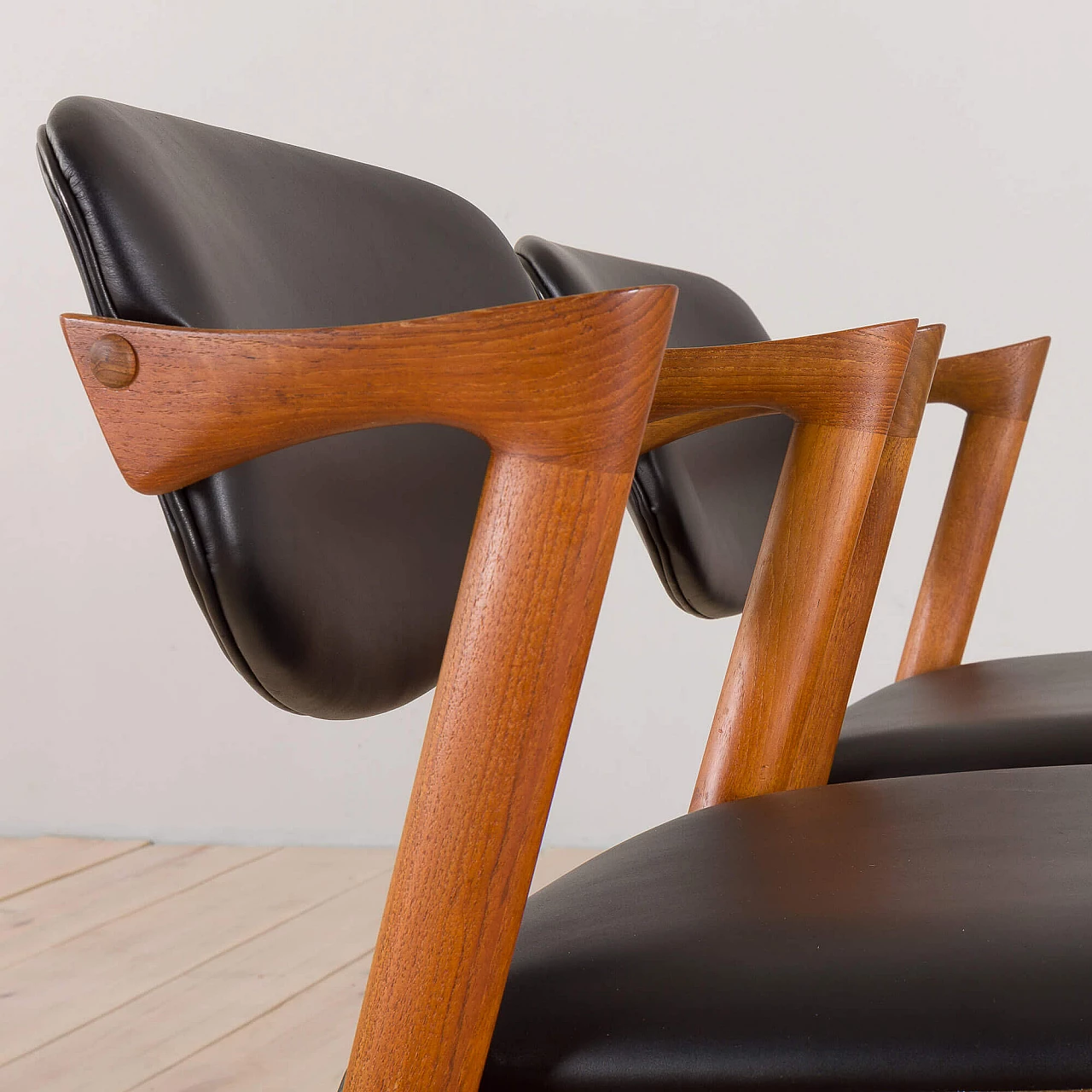 Pair of 42 teak and black leather chairs by Kai Kristiansen for Schou Andersen, 1960s 9