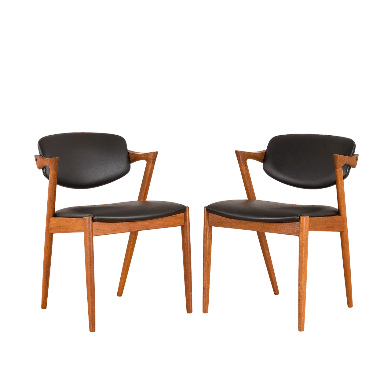 Pair of 42 teak and black leather chairs by Kai Kristiansen for Schou Andersen, 1960s 15