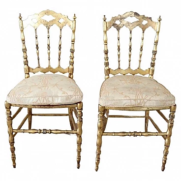Pair of Chiavarine-type chairs in gilded wood with gold leaf, 19th century