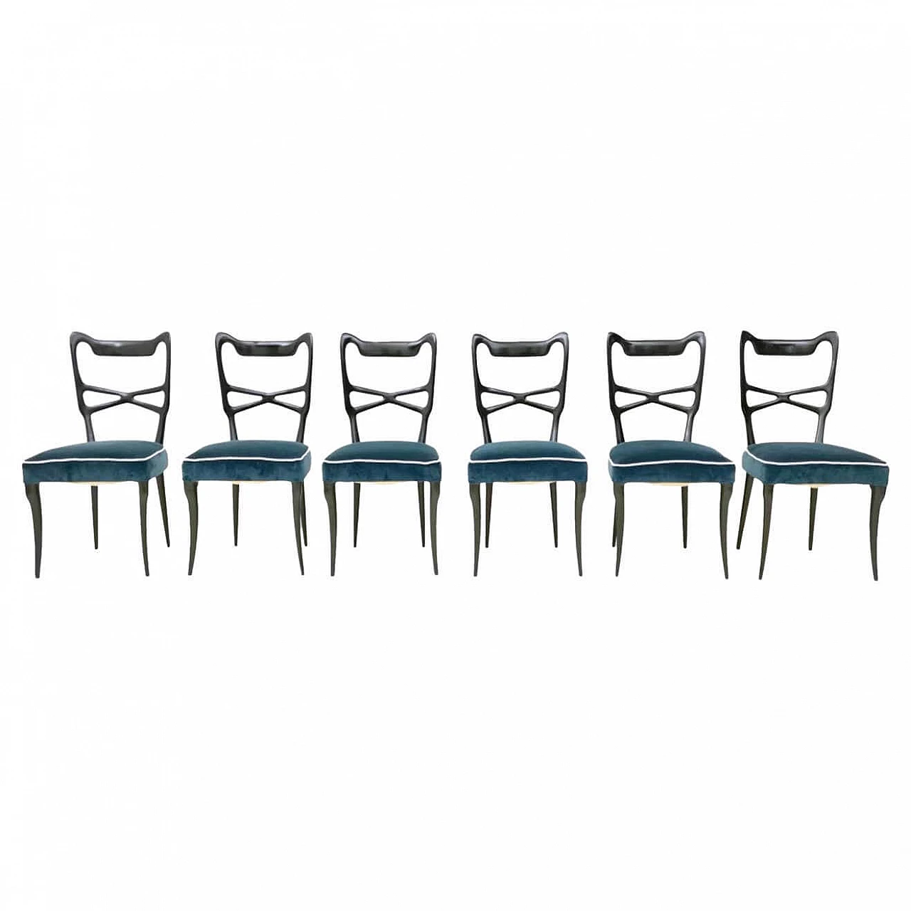 6 Chairs in ebonised beech and blue velvet in the style of Ulrich, 1950s 11