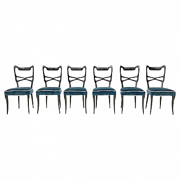 6 Chairs in ebonised beech and blue velvet in the style of Ulrich, 1950s