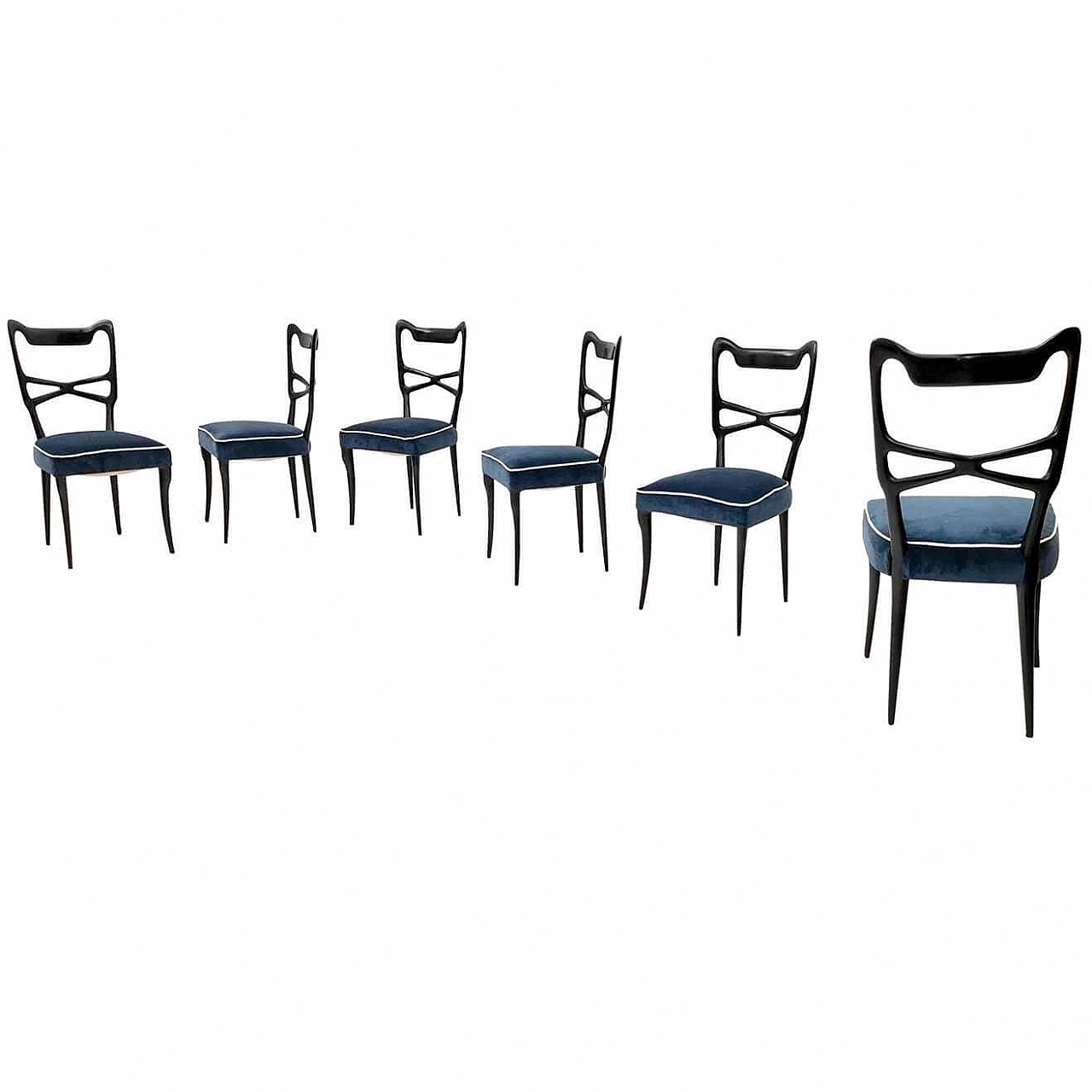 6 Chairs in ebonised beech and blue velvet in the style of Ulrich, 1950s 12
