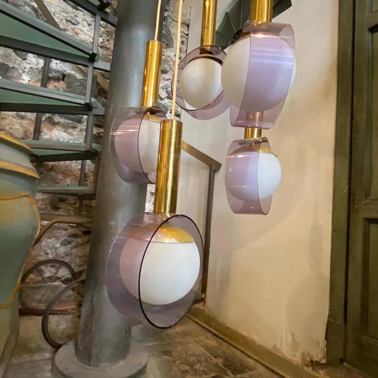 Lampadario a cascata in ottone, vetro e plexiglass di Stilux, anni '70 3