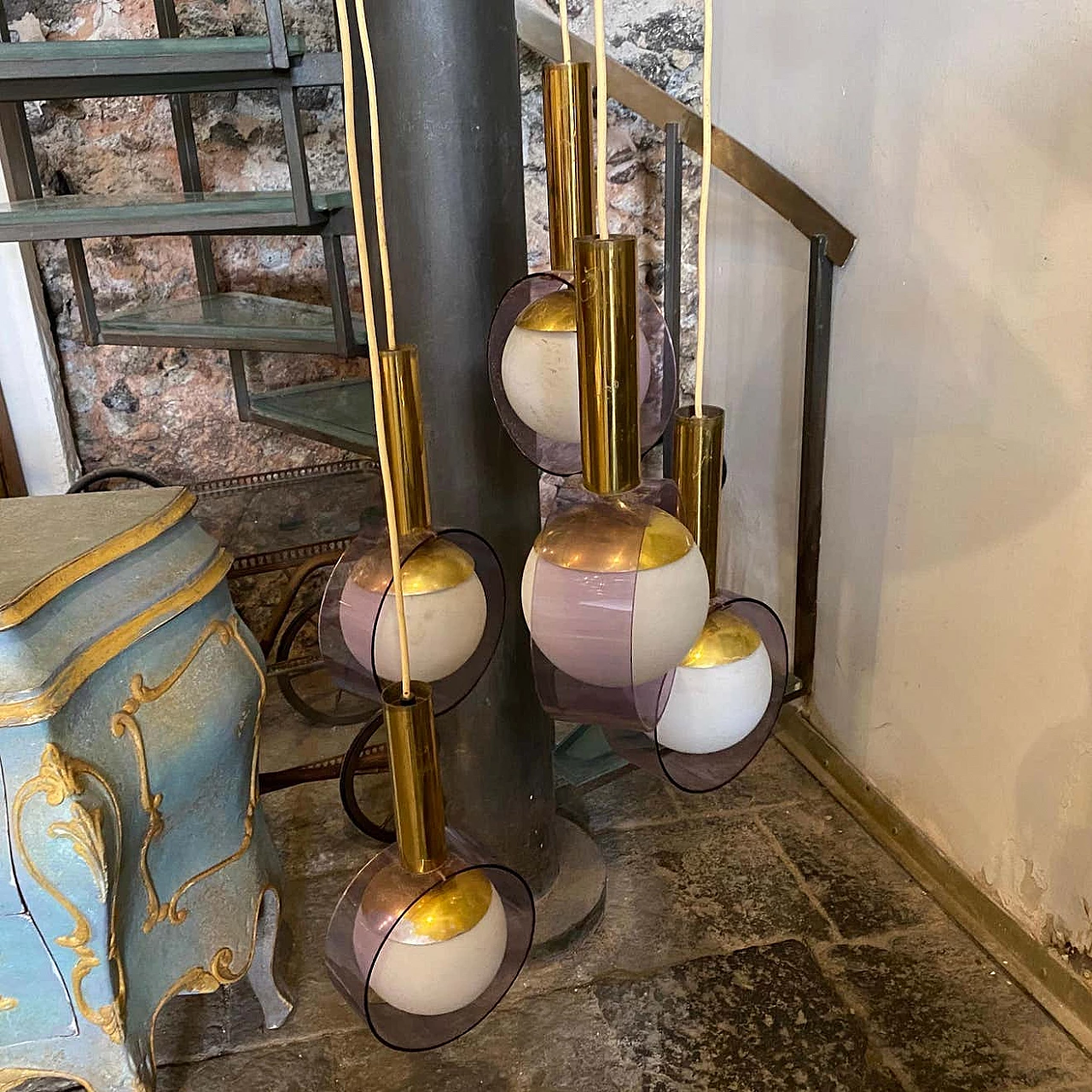 Lampadario a cascata in ottone, vetro e plexiglass di Stilux, anni '70 4