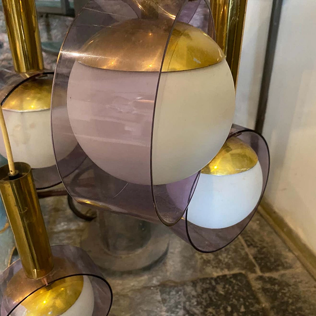 Brass, glass and plexiglass cascade chandelier by Stilux, 1970s 6