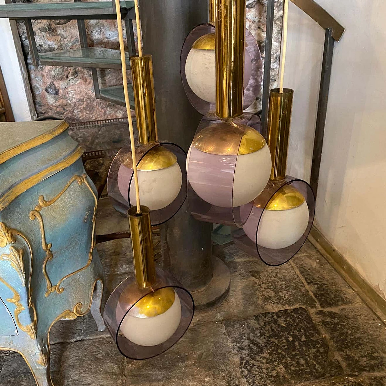 Lampadario a cascata in ottone, vetro e plexiglass di Stilux, anni '70 8