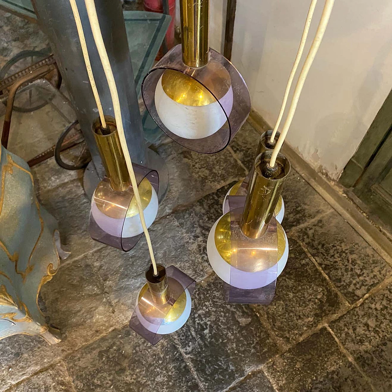 Lampadario a cascata in ottone, vetro e plexiglass di Stilux, anni '70 9