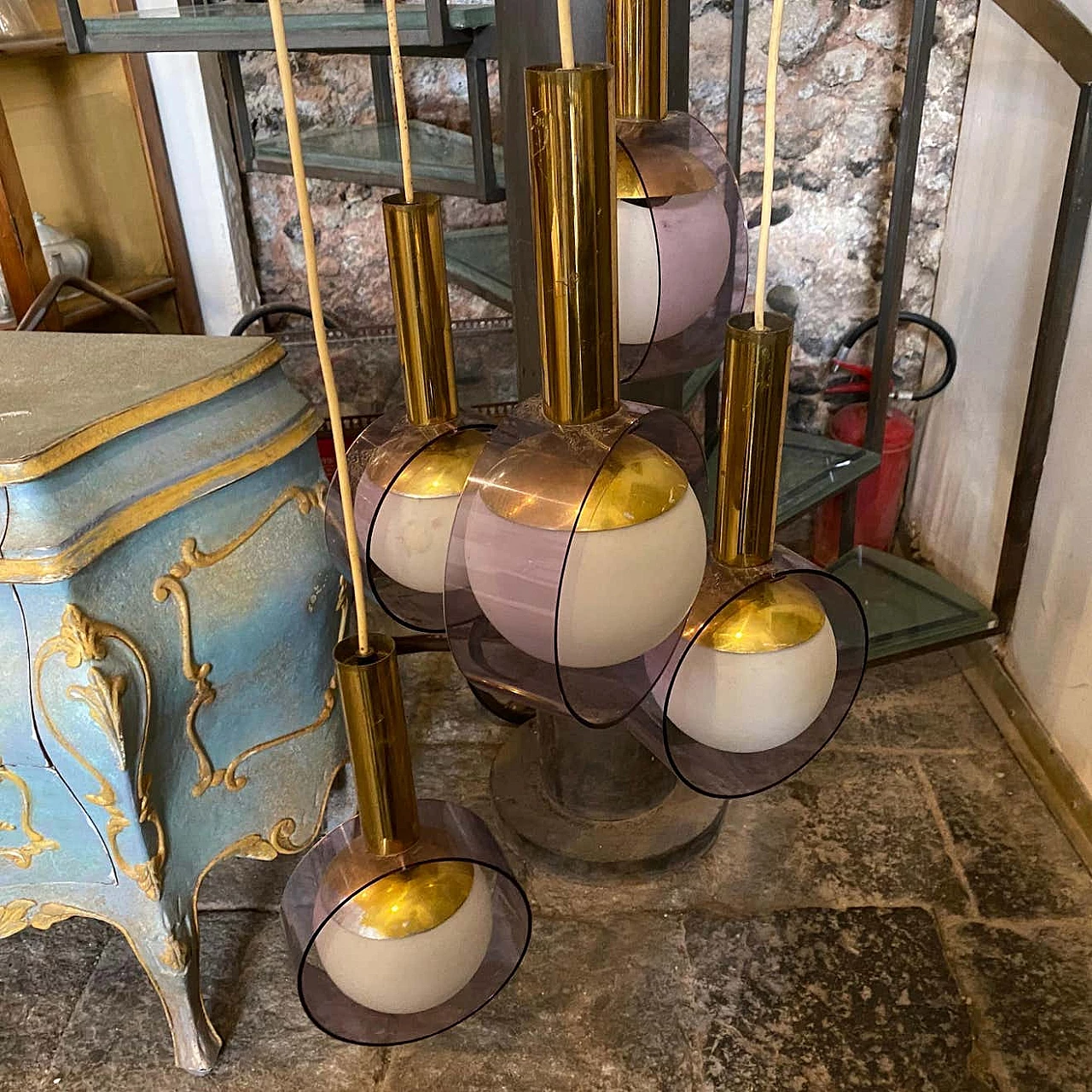 Lampadario a cascata in ottone, vetro e plexiglass di Stilux, anni '70 11