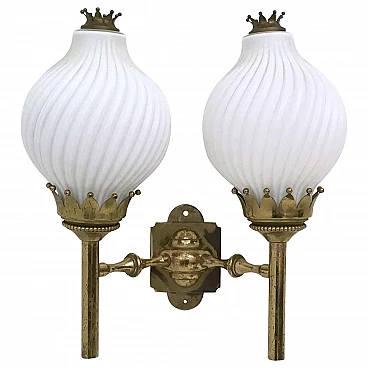 Two-light wall lamp in opaline glass and brass by Arredoluce, 1950s