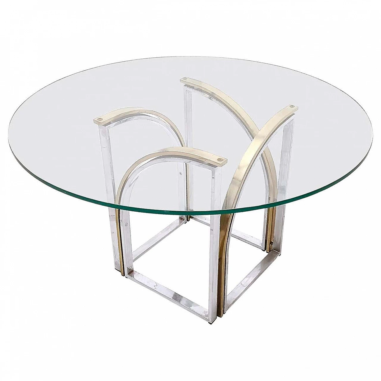Tavolo rotondo in ottone e acciaio con piano in vetro di Romeo Rega, anni '70 1