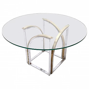 Tavolo rotondo in ottone e acciaio con piano in vetro di Romeo Rega, anni '70