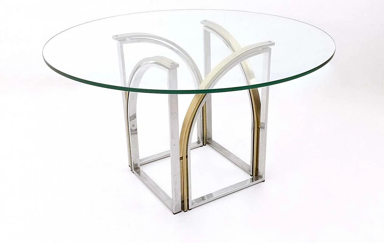 Tavolo rotondo in ottone e acciaio con piano in vetro di Romeo Rega, anni '70 3