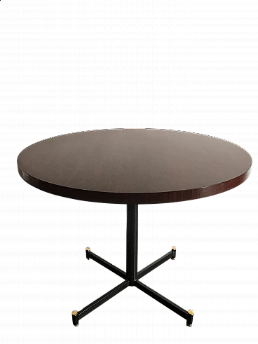 Tavolo rotondo in metallo e legno scuro, anni '50