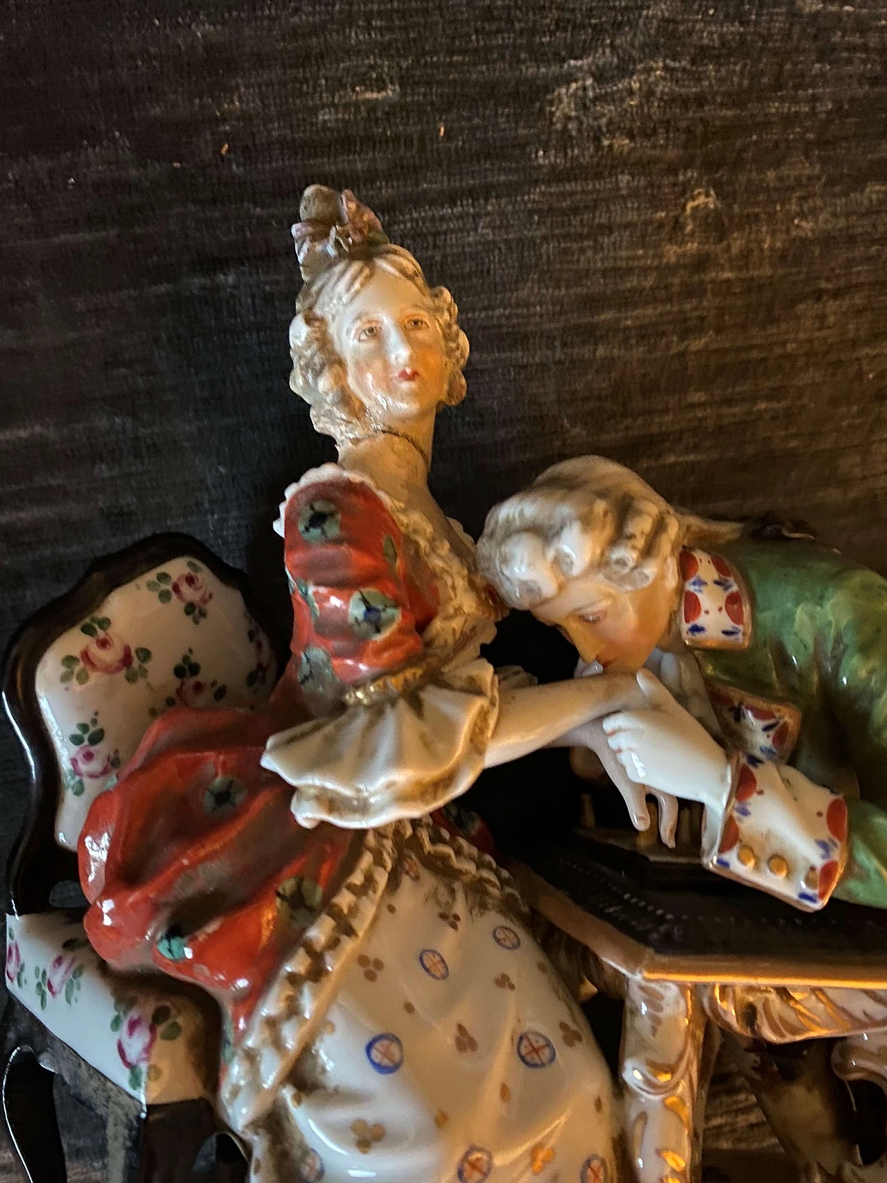 Polychrome porcelain sculpture of a gallant scene, late 19th century 19